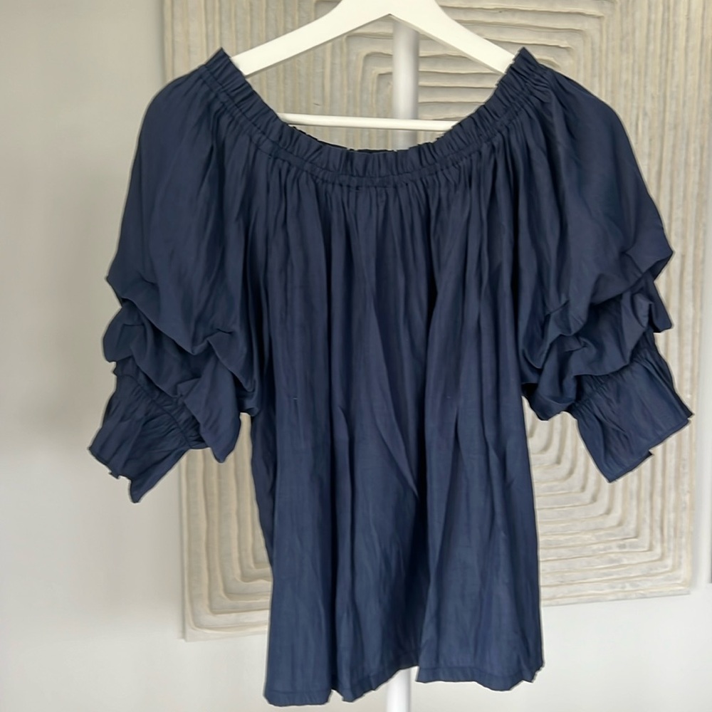 Mer Sea Tulum Ruffle Top Blouse Navy Blue Medium Off Shoulder
